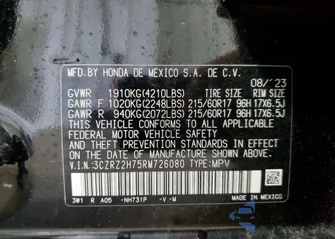 2024 Honda Hr-V Exl z USA, uszkodzony, nr VIN 3CZRZ2H75RM726080